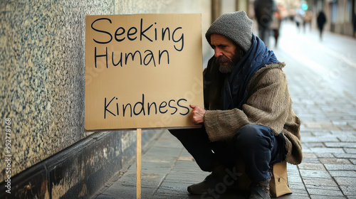 Homeless Person Seeking Human Kindness, Urban Street, Emotional Appeal for Compassion, Cardboard Sign, Winter Clothing, Social Issues Concept photo