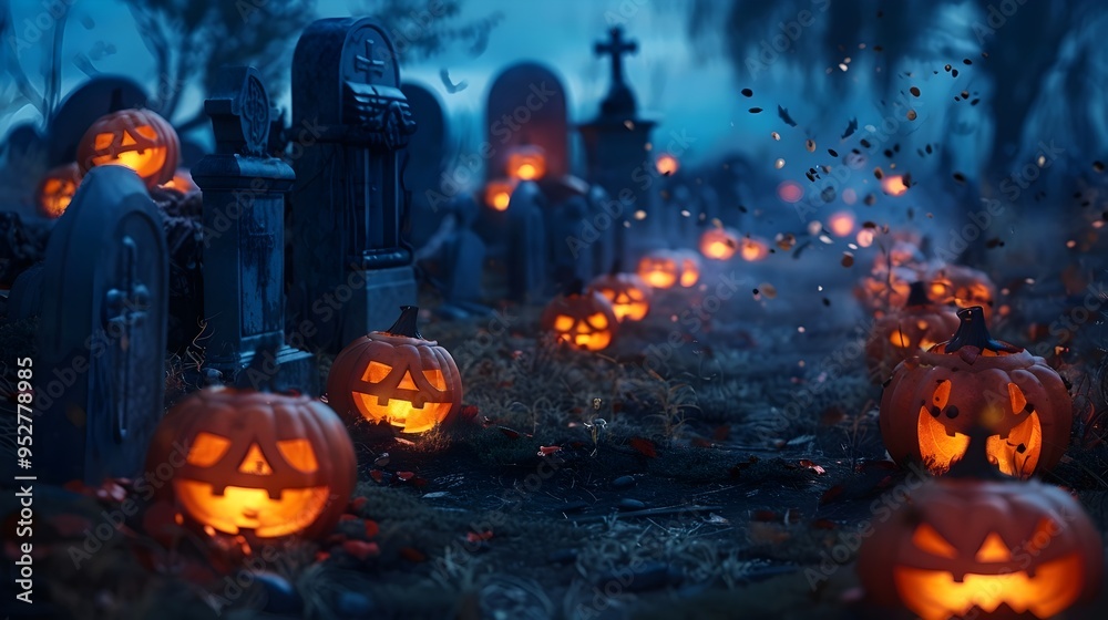Spooky Halloween scene with glowing jack-o-lanterns in a cemetery. Spooky Halloween scene with glowing jack-o-lanterns in a cemetery.