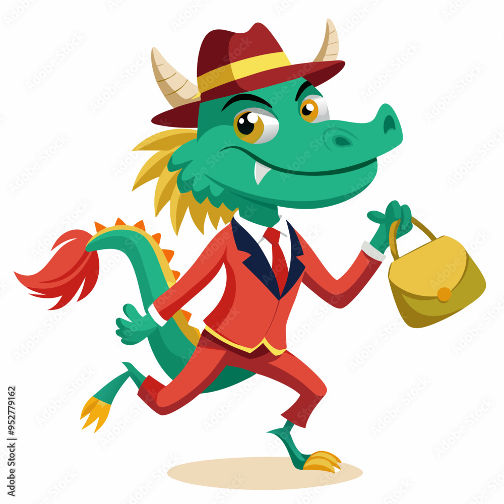 Fototapeta premium Businessman Looking Cartoon 2D Vector Illustration of a Running Dragon Holding Money Bags, Front View, White Background