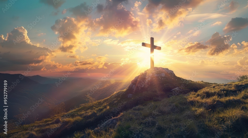 silhouette of rugged cross on grassy hilltop at dawn golden sunburst behind painting sky in warm hues rays of light stream through clouds serene spiritual atmosphere in landscape silhouette of rugged cross on grassy hilltop at dawn golden sunburst behind painting sky in warm hues rays of light stream through clouds serene spiritual atmosphere in landscape