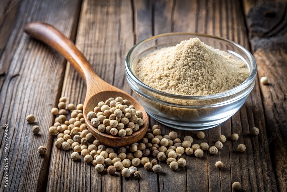 Freshly ground white pepper powder fills a small glass bowl, surrounded by whole peppercorns and a wooden spoon on a rustic wooden background. Freshly ground white pepper powder fills a small glass bowl, surrounded by whole peppercorns and a wooden spoon on a rustic wooden background.