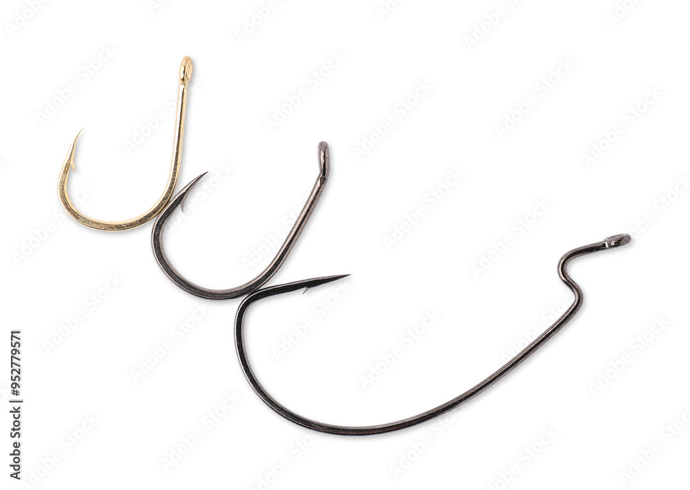 Fishing hooks isolated on white, above view Fishing hooks isolated on white, above view