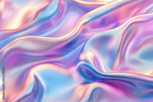 Abstract close-up of a wavy satin fabric in iridescent colors, showcasing a blend of shimmering pink, blue, and purple hues.