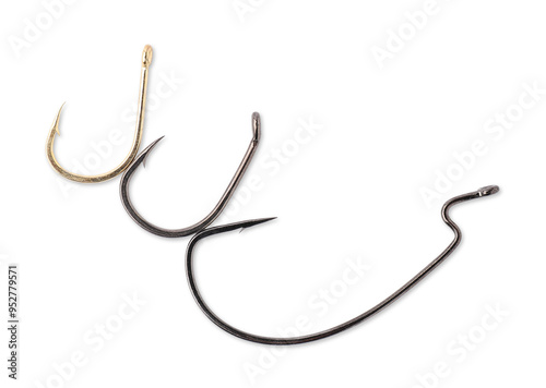 Fishing hooks isolated on white, above view