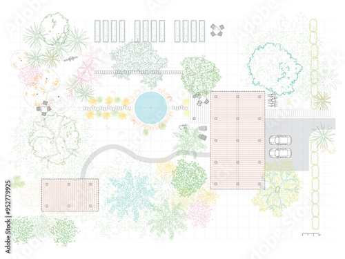 Architectural Drawings, people plan vector in park out door illustration, top view, Minimal style hand drawn, set elements for architecture and landscape design. Sections, Elevations 