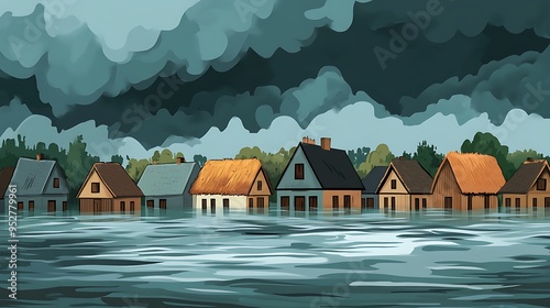 Submerged Rural Village - Vector Cartoon Illustration of Thatched Houses Flooded in Water Under Dark Clouds