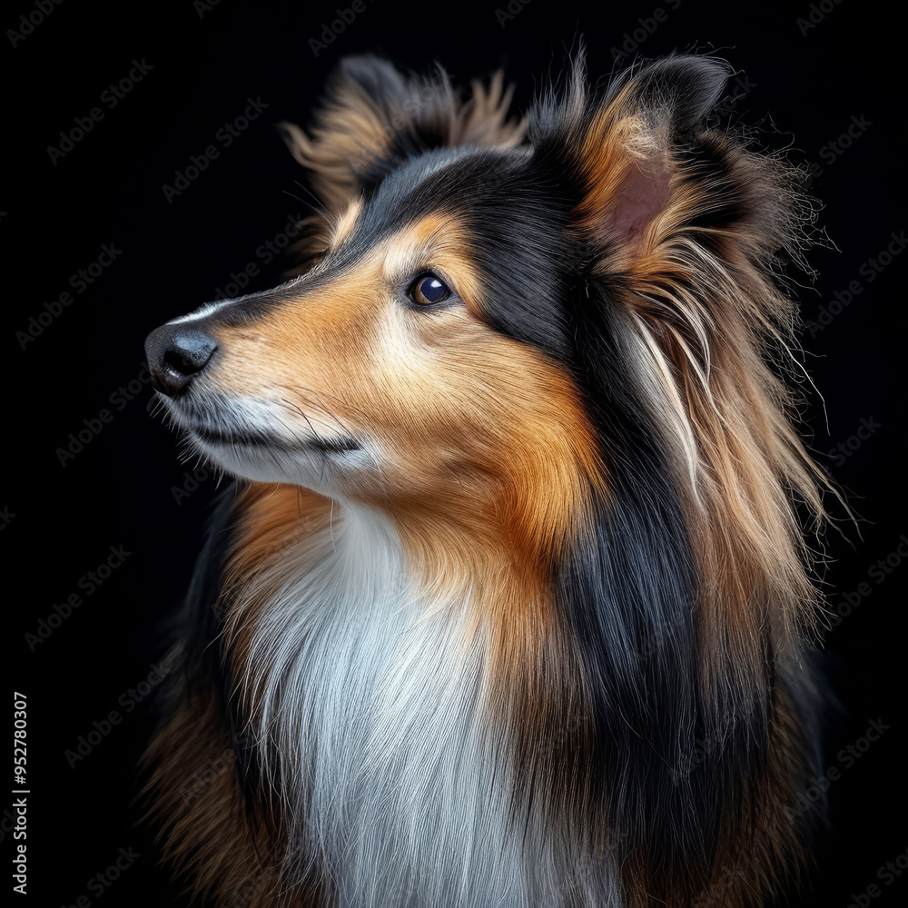 Portrait of a Shetland Sheepdog against a black studio background