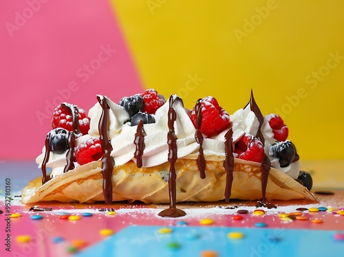  A dessert taco made with a crepe shell, filled with fresh berries, whipped cream, and drizzled with chocolate