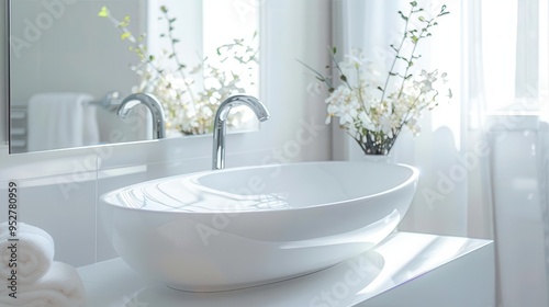 sleek white basin in contemporary bathroom clean lines and minimalist design soft natural light emphasizes modern aesthetics and luxurious simplicity photo