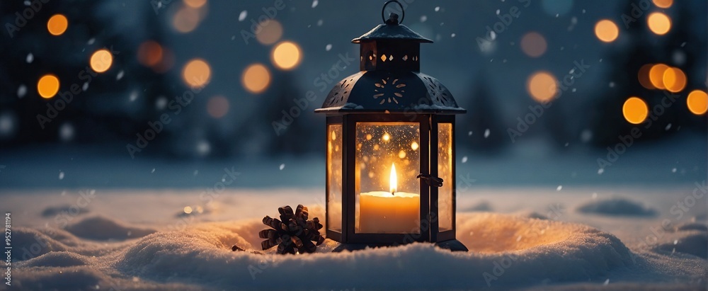 Christmas Lantern With Decoration On Snow Table - Snowy Candle Light And Abstract Defocused Landscape Christmas Lantern With Decoration On Snow Table - Snowy Candle Light And Abstract Defocused Landscape