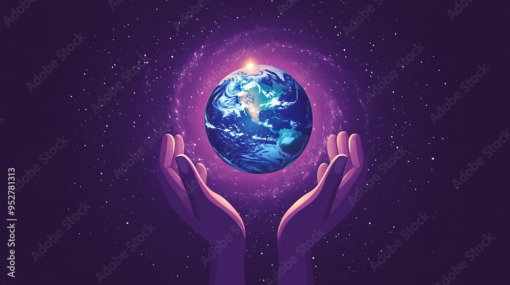 Global Connection Concept: Hands Holding Earth with Milky Way Galaxy on Deep Purple Background - Vector Illustration with Clean Lines Global Connection Concept: Hands Holding Earth with Milky Way Galaxy on Deep Purple Background - Vector Illustration with Clean Lines