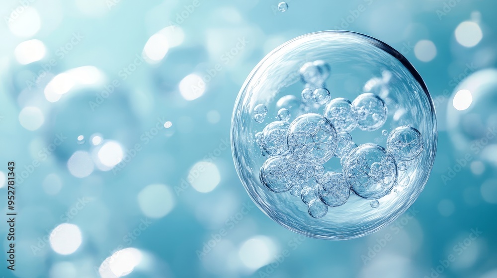 Floating Bubble with Molecules on Soft Blue Background Floating Bubble with Molecules on Soft Blue Background