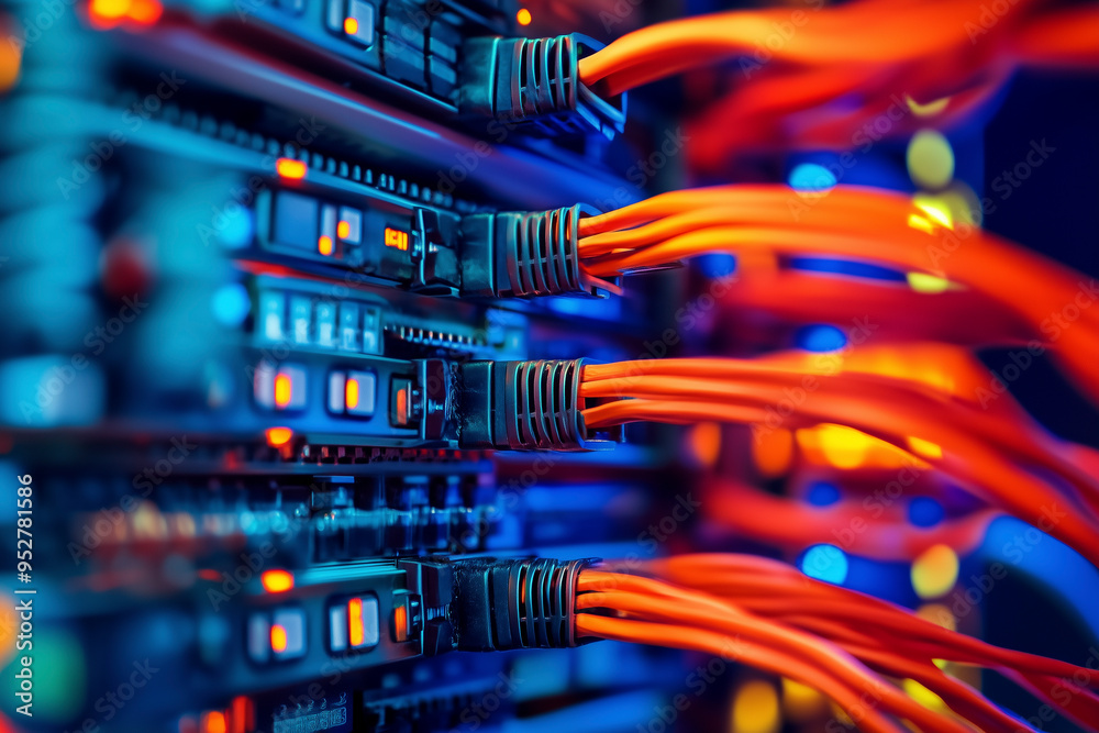 Server equipment with bright cables and LED indicators in a data center