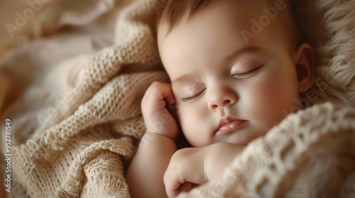 sleeping newborn baby soft pastel tones delicate lighting cozy blanket peaceful expression closeup on face dreamy atmosphere