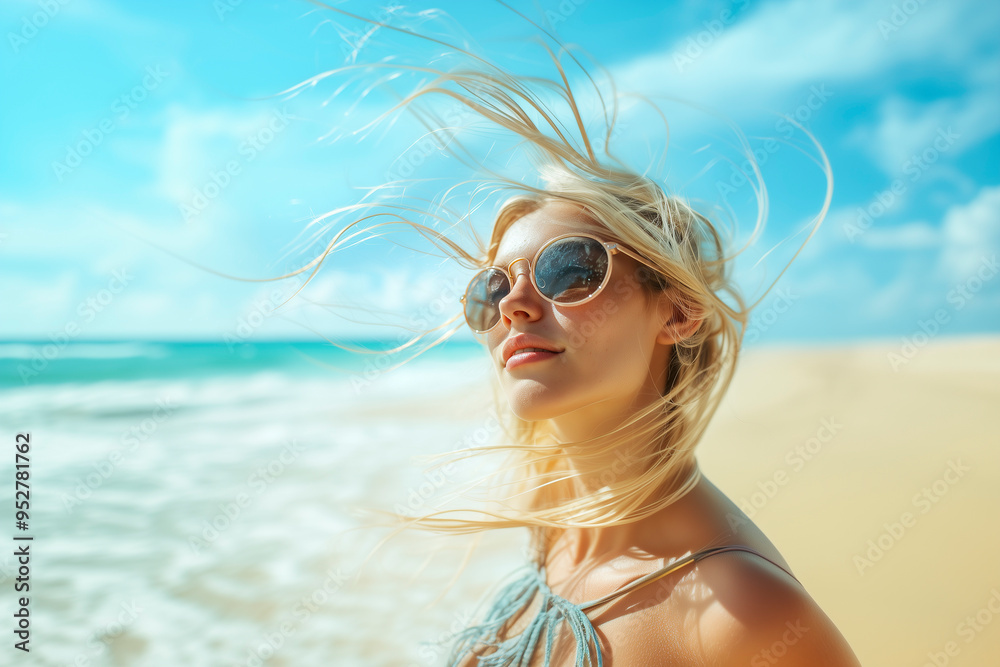 A portrait of a girl wearing sunglasses on the beach, with the wind blowing her hair, and the sea and sky in the background A portrait of a girl wearing sunglasses on the beach, with the wind blowing her hair, and the sea and sky in the background