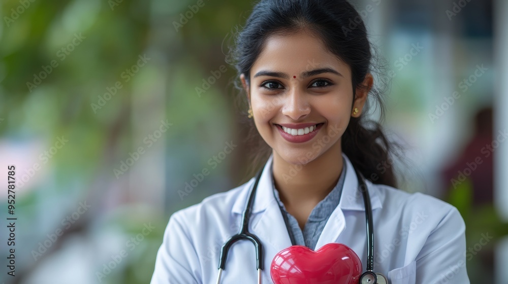 indian woman doctor smiling, stethoscope around neck, holding model of human heart representing healthcare and cardiology indian woman doctor smiling, stethoscope around neck, holding model of human heart representing healthcare and cardiology