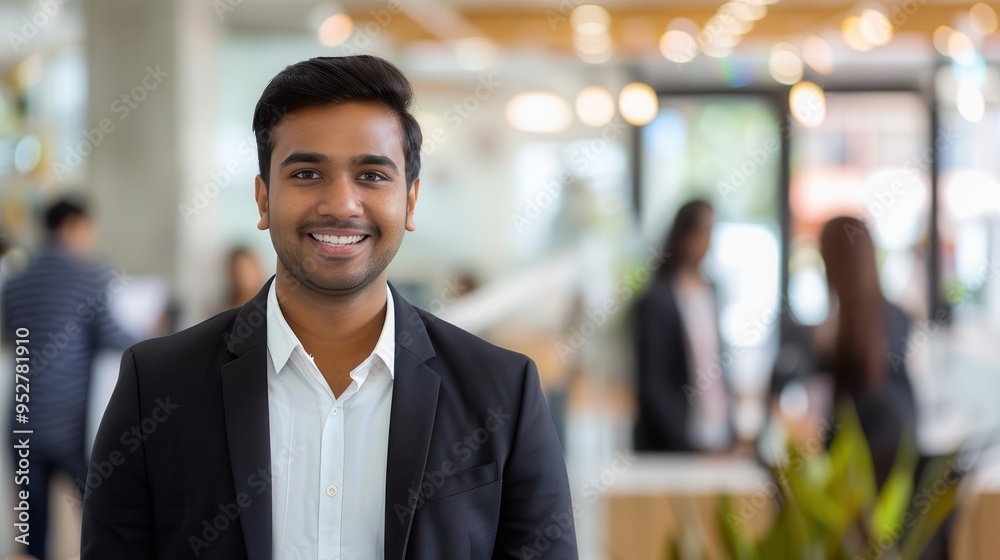 smiling asian indian businessman in suit standing in modern office with blurred background of employees smiling asian indian businessman in suit standing in modern office with blurred background of employees