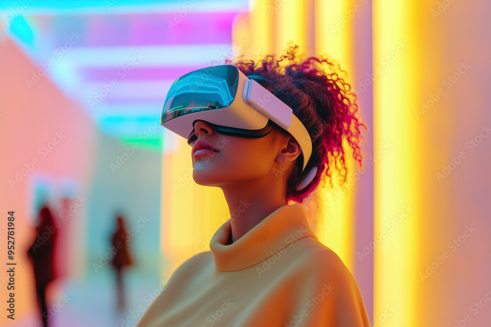 A woman in futuristic glasses with reflective lenses against a backdrop of bright neon lighting A woman in futuristic glasses with reflective lenses against a backdrop of bright neon lighting