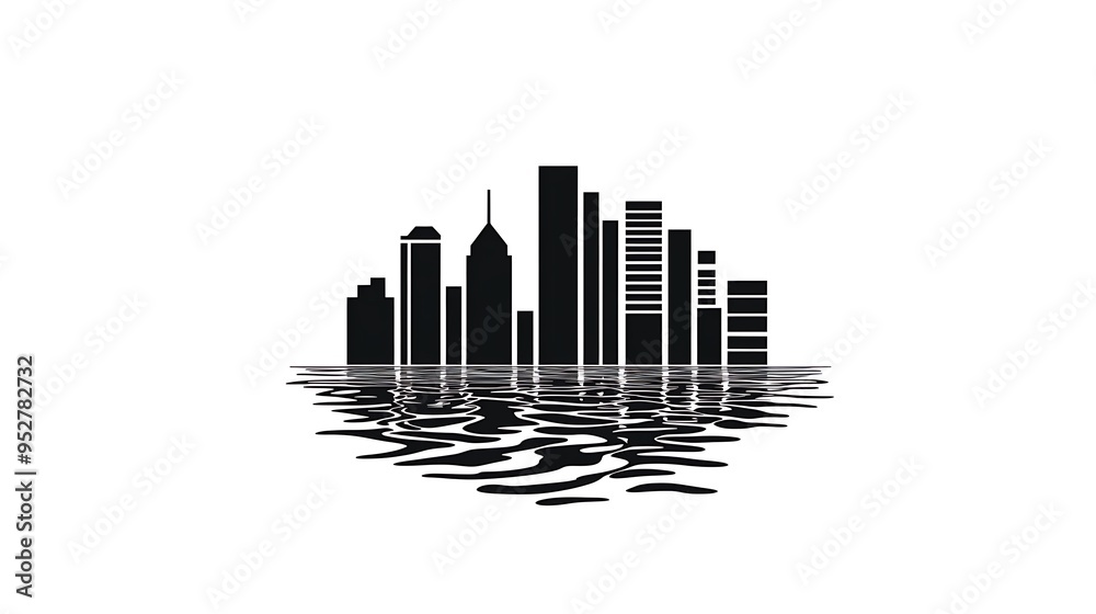 Minimalist City Skyline Partially Submerged in Water Icon - Cartoonish Flat Design Vector Graphic on White Background