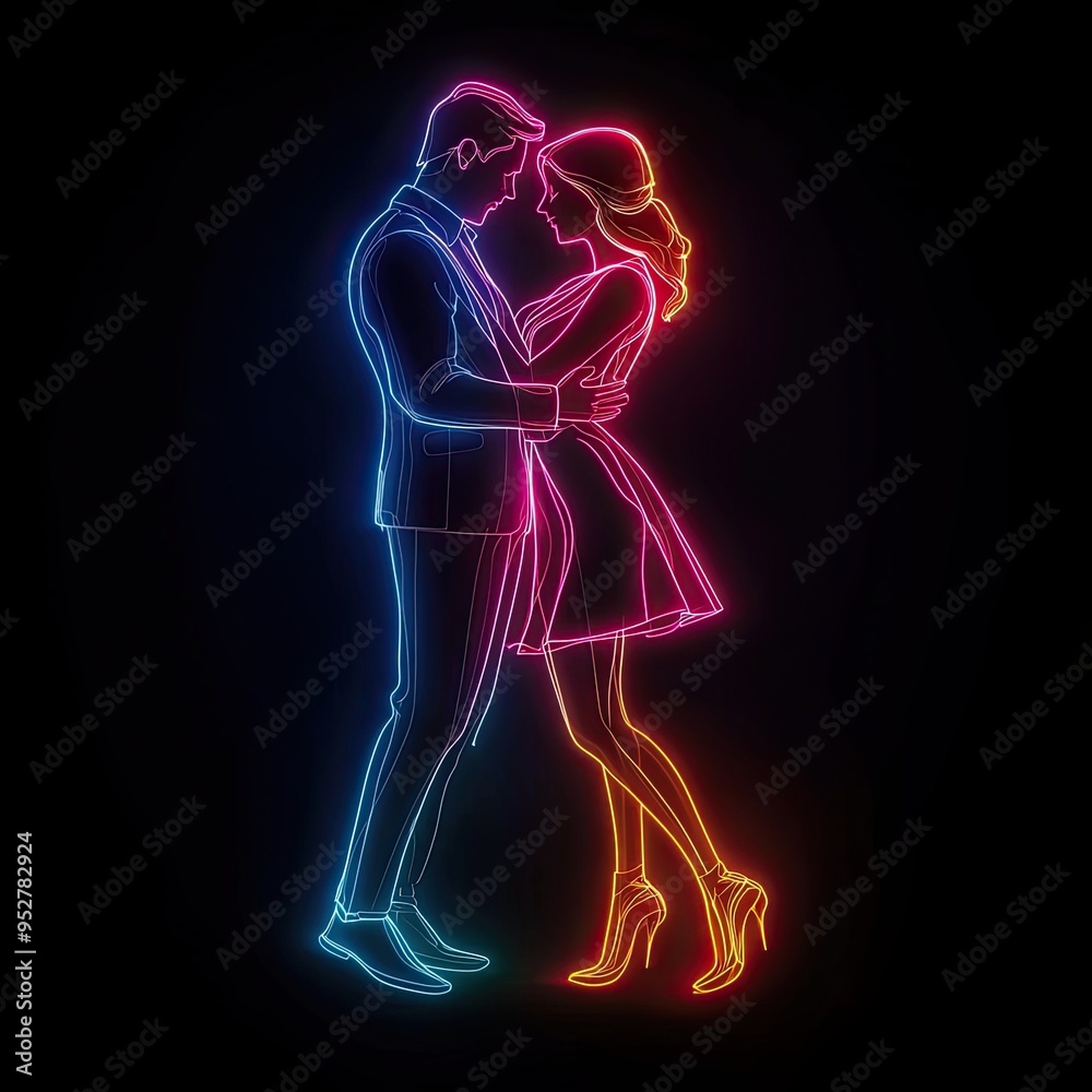 A simple neon outline illustration of a couple embracing, featuring bright blue and pink lights on a dark background. Romantic A simple neon outline illustration of a couple embracing, featuring bright blue and pink lights on a dark background. Romantic