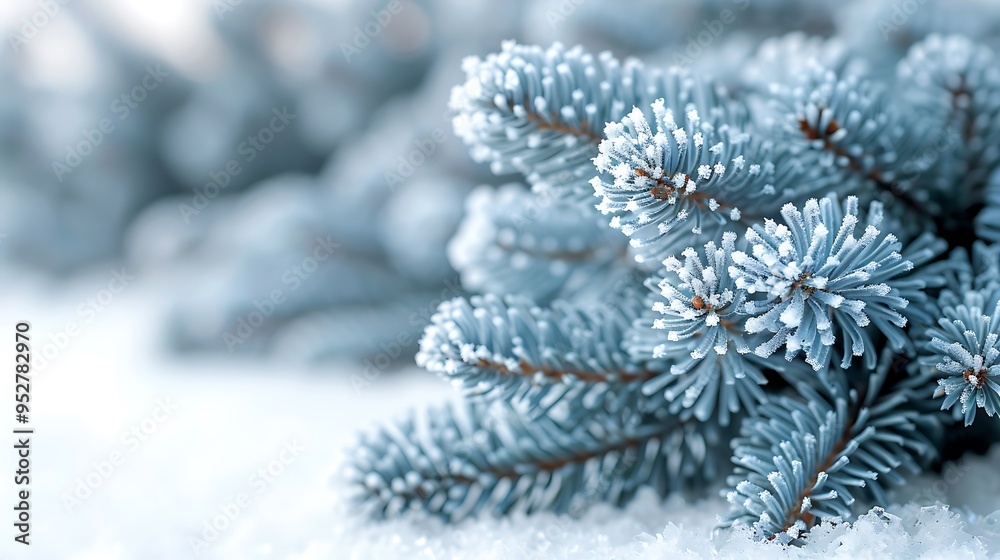 Close-up of frost-covered evergreen branches in the snow. Close-up of frost-covered evergreen branches in the snow.