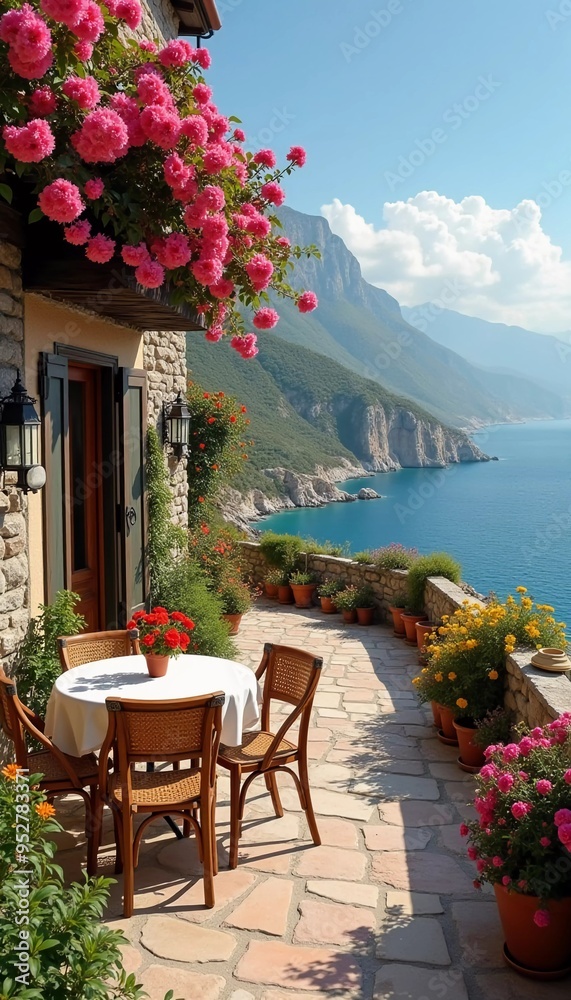 Fototapeta premium Sunny terrace surrounded by colorful flowers, invites relaxation, offering breathtaking view and cozy spot with table chairs. Terrace adorned with blooming flowers and scenic mountains. Generative AI.