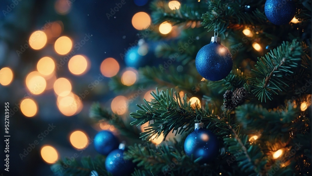 Christmas Tree With Lights In Blue - Stars Hanging On Fir Branches With Glittering And Bokeh In Abstract Defocused Background Christmas Tree With Lights In Blue - Stars Hanging On Fir Branches With Glittering And Bokeh In Abstract Defocused Background