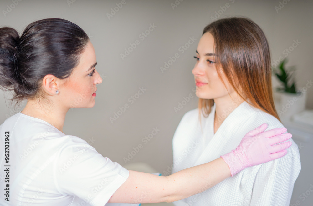 Female doctor calming down a patient at a hospital consulting room Female doctor calming down a patient at a hospital consulting room