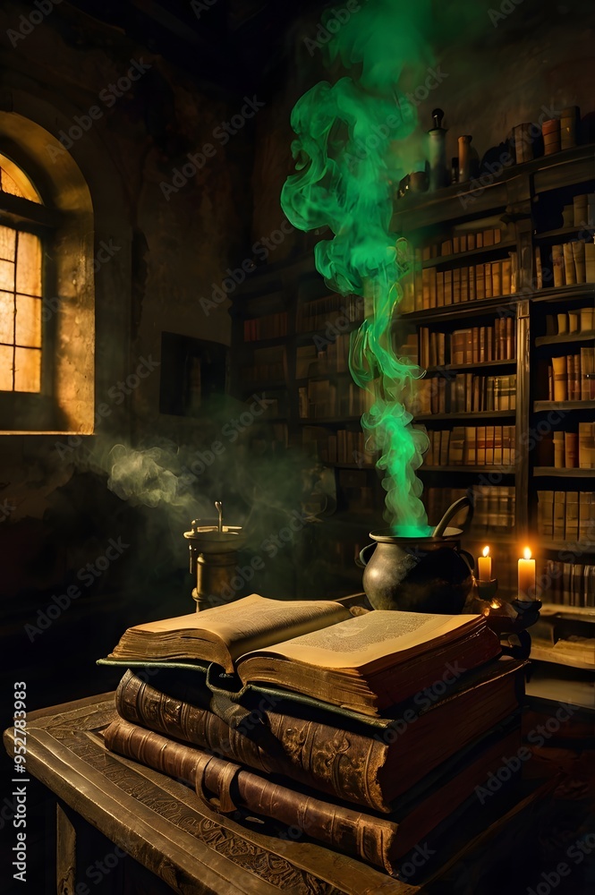 A dimly lit room filled with ancient books, bubbling potions, and strange symbols etched into the walls A dimly lit room filled with ancient books, bubbling potions, and strange symbols etched into the walls