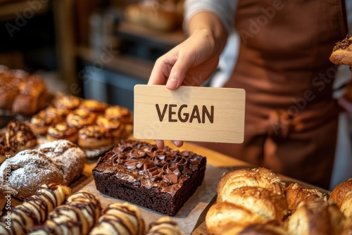 Hand placing vegan sign on chocolate cake, vegan dessert. photo