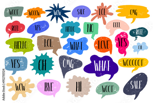 Big set of bubble talk phrases. Online hand drawn colored chat clouds with different words comments information shapes. Vector illustration. Collection of hand drawn bubble talk phrases.