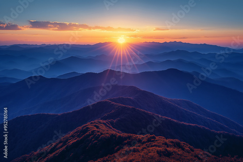 Breathtaking sunrise over majestic mountains, promoting spiritual inner harmony at dawn in serene nature