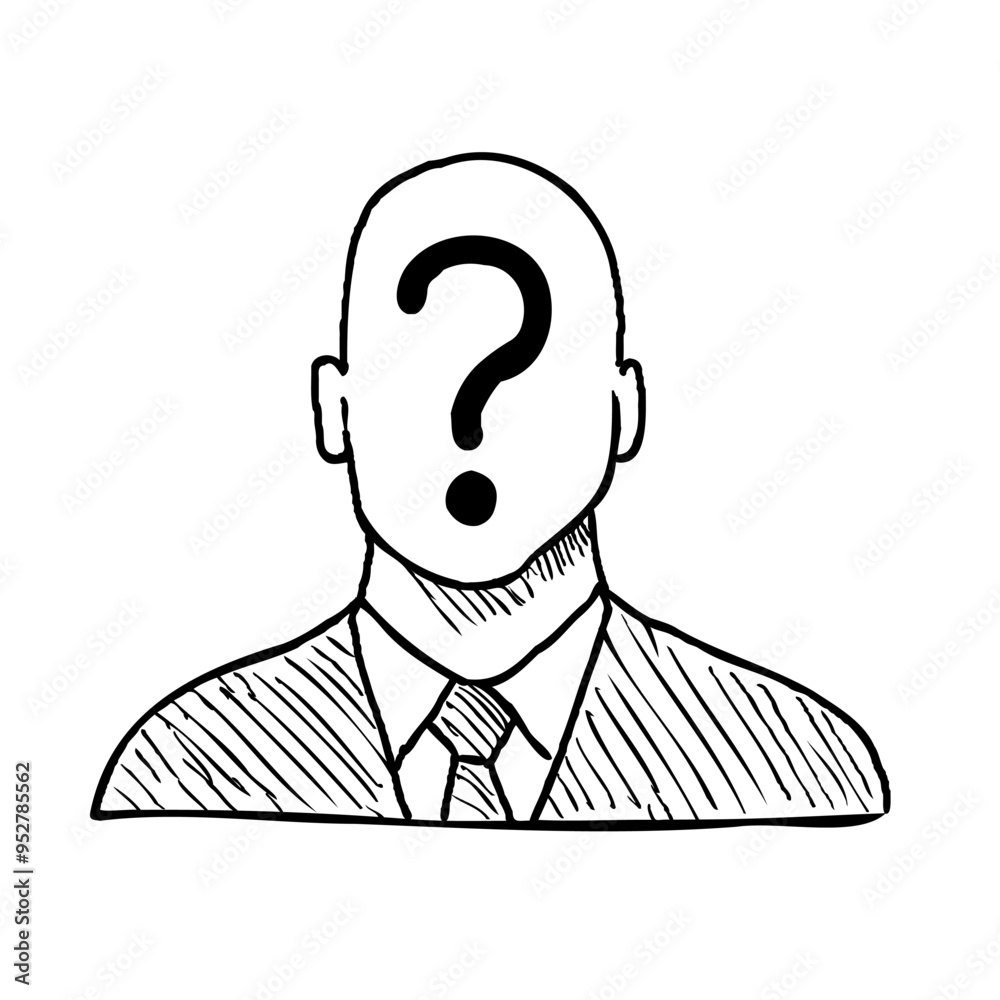 Drawing sketch style illustration of a concept for Identity Fraud deep fake showing male face with question mark on isolated background done in black and white line art. Drawing sketch style illustration of a concept for Identity Fraud deep fake showing male face with question mark on isolated background done in black and white line art.