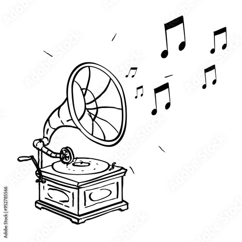 Drawing sketch style illustration of a gramophone or phonograph playing sound musical notes on isolated white background done in cartoon art style