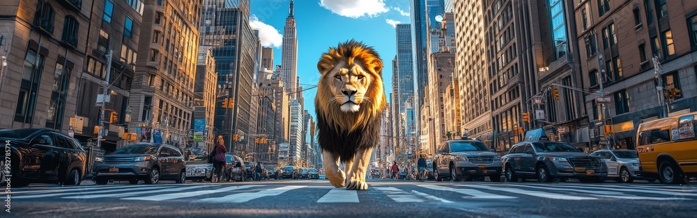 Obraz premium Majestic Lion Roaming Freely in Taipei's Urban Jungle