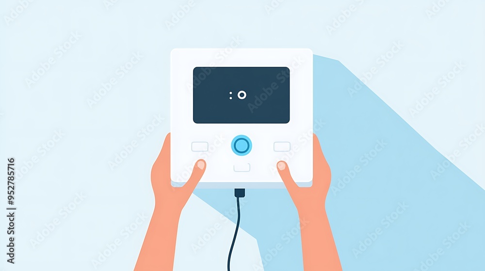 Modern Smart Scale with Low Battery Alert Being Charged - Flat Illustration of Hands Connecting Device to Power Source on Gradient Background Modern Smart Scale with Low Battery Alert Being Charged - Flat Illustration of Hands Connecting Device to Power Source on Gradient Background