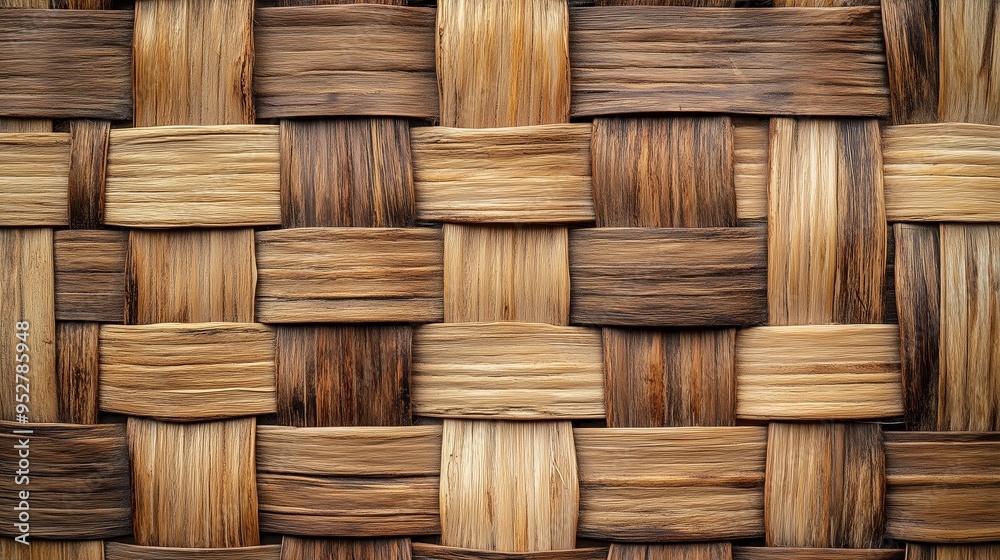 Detailed close-up of interwoven wooden strips displaying various shades of brown for background or texture use. Detailed close-up of interwoven wooden strips displaying various shades of brown for background or texture use.