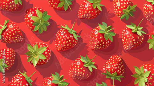 Fresh strawberry pattern over red background. Vibrant colors, realistic illustration