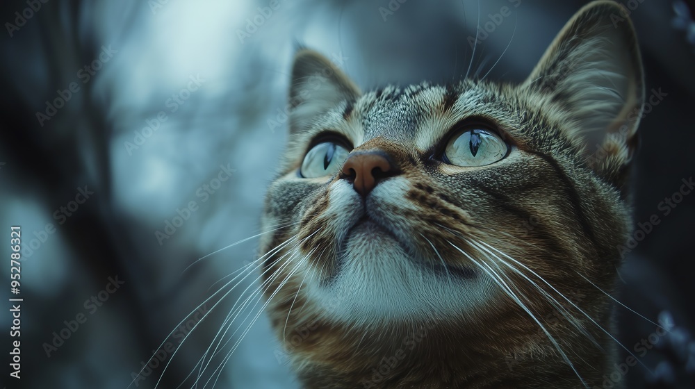 Close-up photograph of a cat with captivating eyes looking upwards, set against a blurred background. Close-up photograph of a cat with captivating eyes looking upwards, set against a blurred background.