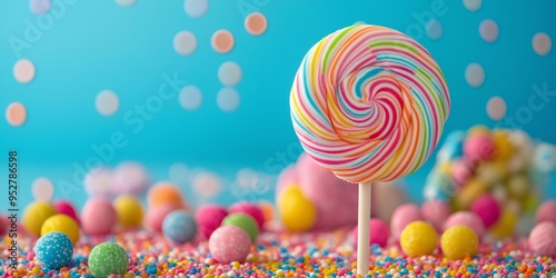 A single lollipop stands among a scatter of small colorful candies, creating a vibrant and delightful scene.