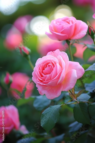 Close-up of pink roses blooming in a garden, showcasing delicate petals surrounded by lush green foliage. photo