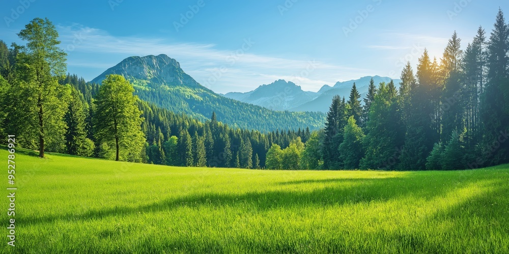 custom made wallpaper toronto digitalA stunning view of a green meadow with mountains and dense forest in the background under a clear blue sky.