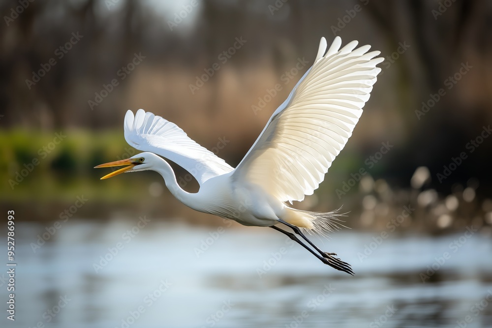 A graceful white heron soars over calm water, wings fully extended, with a blurred background of natural scenery. A graceful white heron soars over calm water, wings fully extended, with a blurred background of natural scenery.