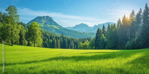Wallpaper Mural A stunning view of a green meadow with mountains and dense forest in the background under a clear blue sky. Torontodigital.ca