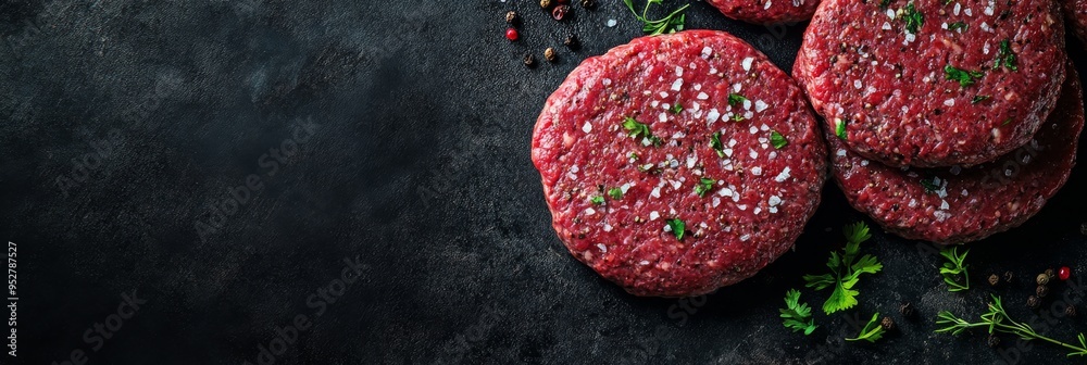 Raw burger patties are arranged neatly on a dark surface, perfectly seasoned with salt, pepper, and a sprinkle of herbs, highlighting their savory appeal Raw burger patties are arranged neatly on a dark surface, perfectly seasoned with salt, pepper, and a sprinkle of herbs, highlighting their savory appeal
