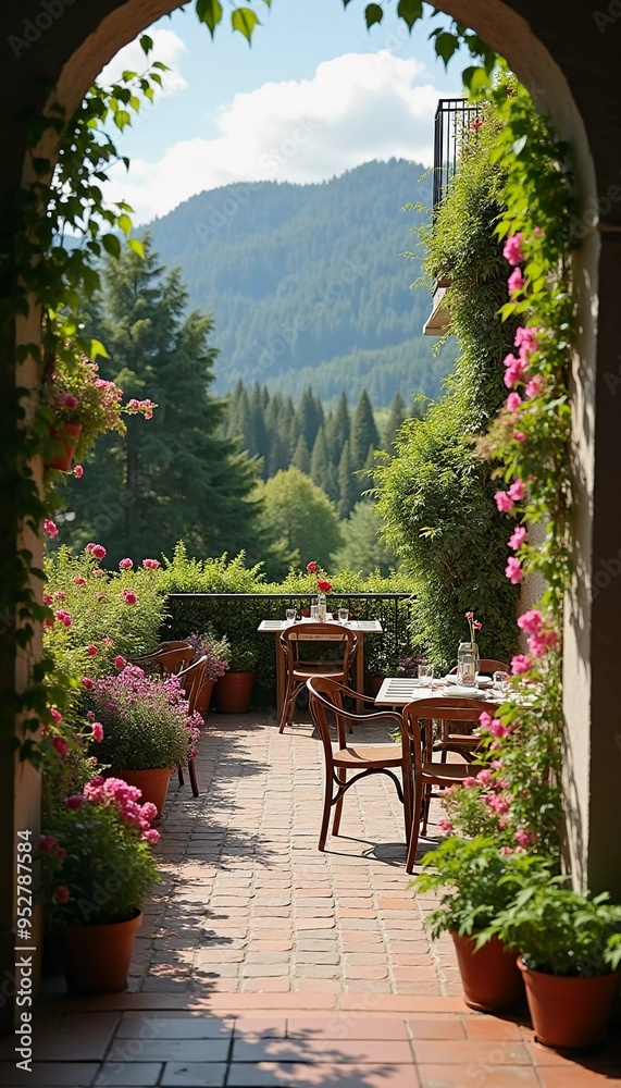 Obraz premium Sunny terrace surrounded by colorful flowers, invites relaxation, offering breathtaking view and cozy spot with table chairs. Terrace adorned with blooming flowers and scenic mountains. Generative AI.