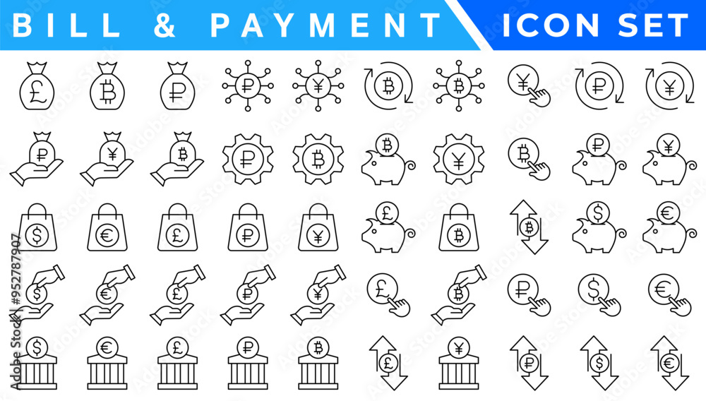 Naklejka premium Payment line icons set. Cash money, coins in hand, credit card, wallet, bank check, cashless pay, receipt, contactless purchase vector illustration. Outline signs for finance app.