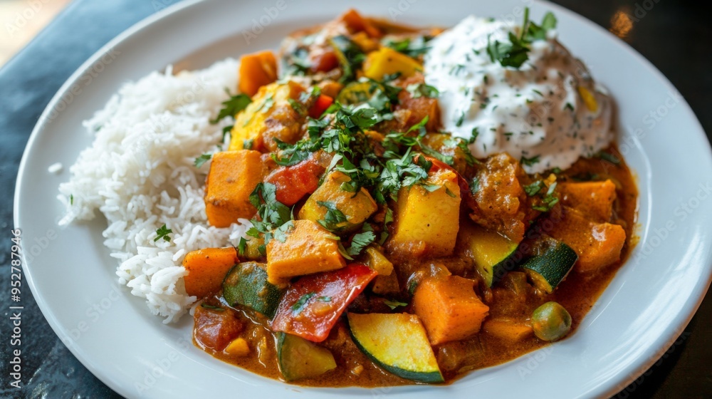 Colorful and aromatic Indian vegetable curry with a variety of fresh vegetables, served with steamed rice and a side of raita, on a white plate. Colorful and aromatic Indian vegetable curry with a variety of fresh vegetables, served with steamed rice and a side of raita, on a white plate.