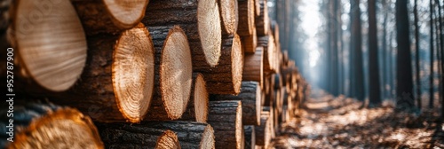 Rows of neatly stacked cut tree trunks fill the frame, capturing the tranquility of a forest filled with soft light filtering through the trees photo