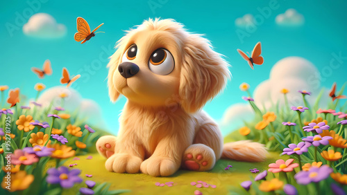 Cartoon.  cute puppy dog ​​smiles and there are butterflies and flowers around. Children's book. Generated AI